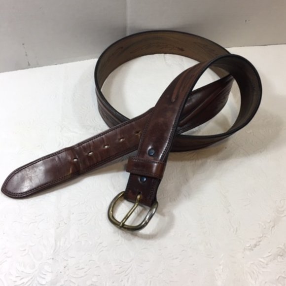 Original Larry Malan's Leegin Brown Leather Stitched Overlay Rodeo Belt Size 44 - Picture 3 of 14